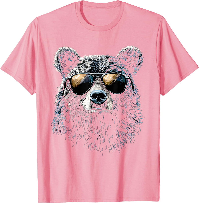 Forest Illustration Bear Art Nature Bear Wearing Sunglasses Wildlife Artwork Graphic Bear T-Shirt - Pink
