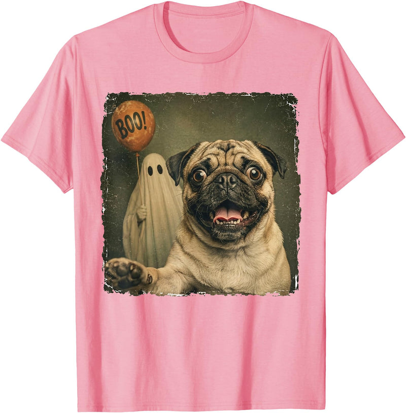 Issebl Dog Pug Lover Funny Pug Halloween Ghost Selfie Dog Funny T-Shirt - Pink