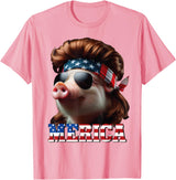 Funny Mullet Farm Pig Patriotic Pig Merica Mullet 4th of July And Father's Day Man Funny T-Shirt - Pink