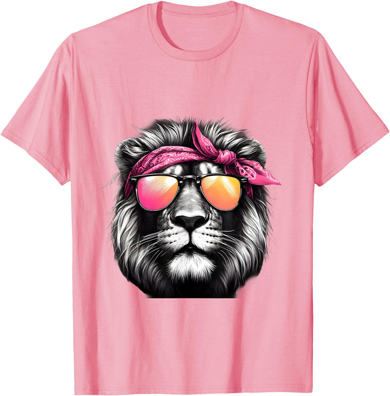 Fashionable Animals Wearing Pink Bandanas Lion Wearing a Pink Bandana Headband and Sunglasses T-Shirt - Pink
