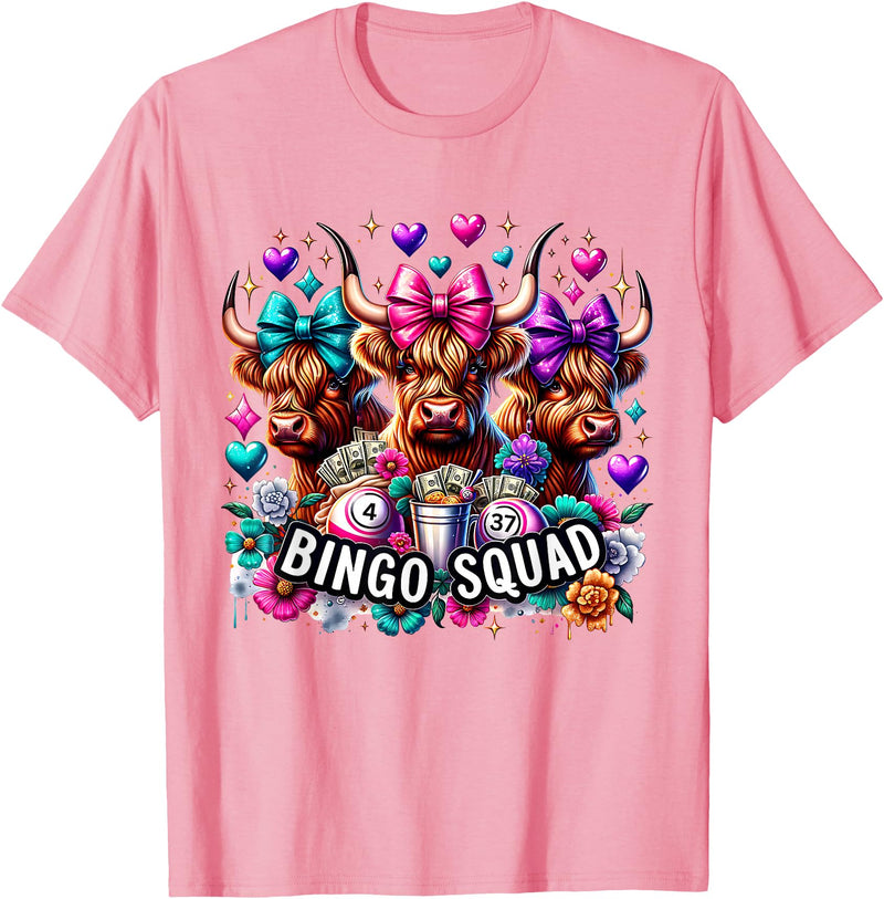 Highland Cow Bingo Player Gambler Lottery Player Highland Cow Bingo Squad Player Gambler Lottery Game Lovers T-Shirt - Pink