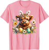 Highland Cow Land of NYC Highland Cow Easter Bunny Moo Basket Egg Floral Women Girls T-Shirt - Pink