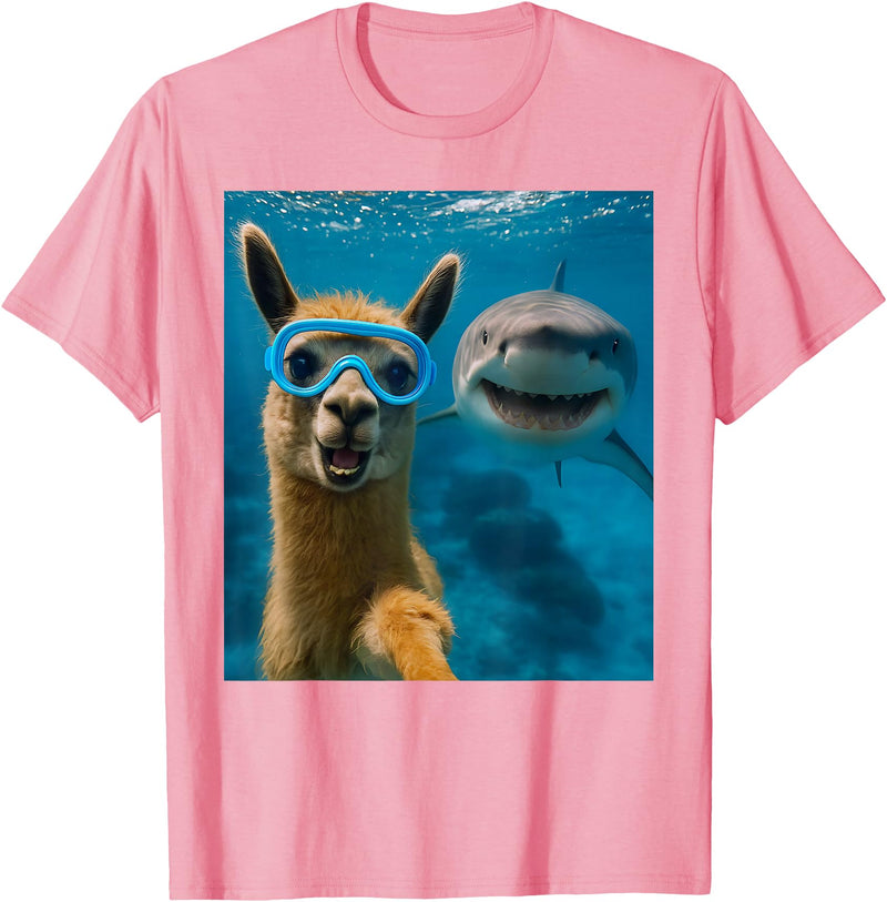 Selfie Llama and Shark Summer Scuba Diving Funny Llama Selfie with Shark Ocean Lovers T-Shirt - Pink
