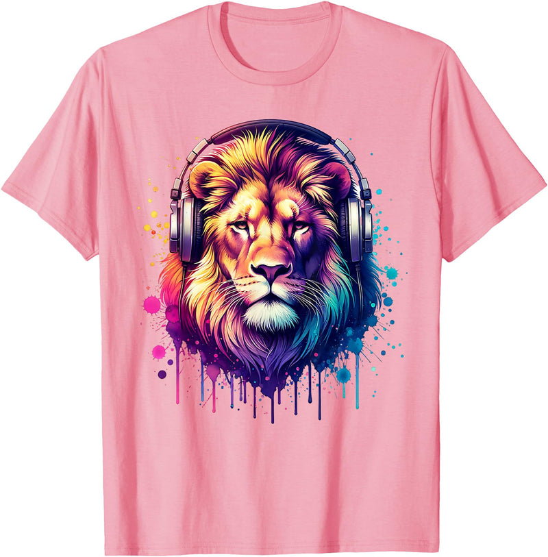 Funny Animal With Headphones Lion With Headphones T-Shirt - Pink