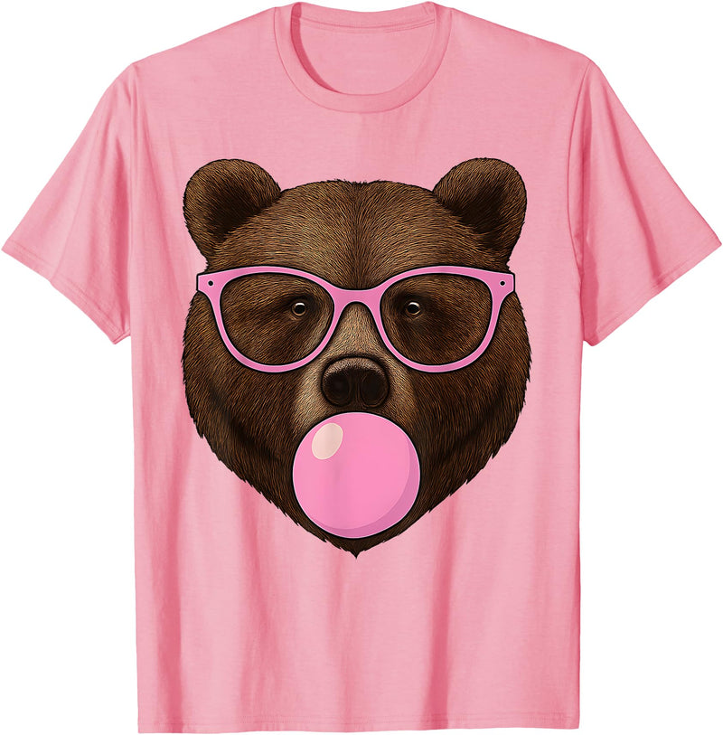 Bear Face Wearing Glasses Apparel For Women ladies Cute Bear Face Eating Gum and Makes Bubble Funny Bears Women T-Shirt - Pink
