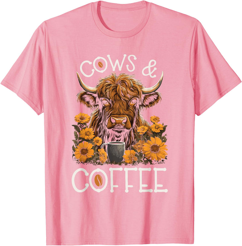 Scottish Highland Cow Gifts For Cowgirls Highland Cow and Coffee, Funny Western Girl Country T-Shirt - Pink