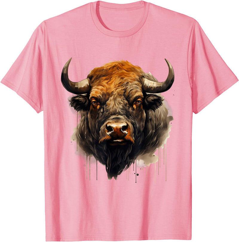 Safari Animal Art Buffalo Animal Print Portrait Bison Nature Artwork T-Shirt - Pink