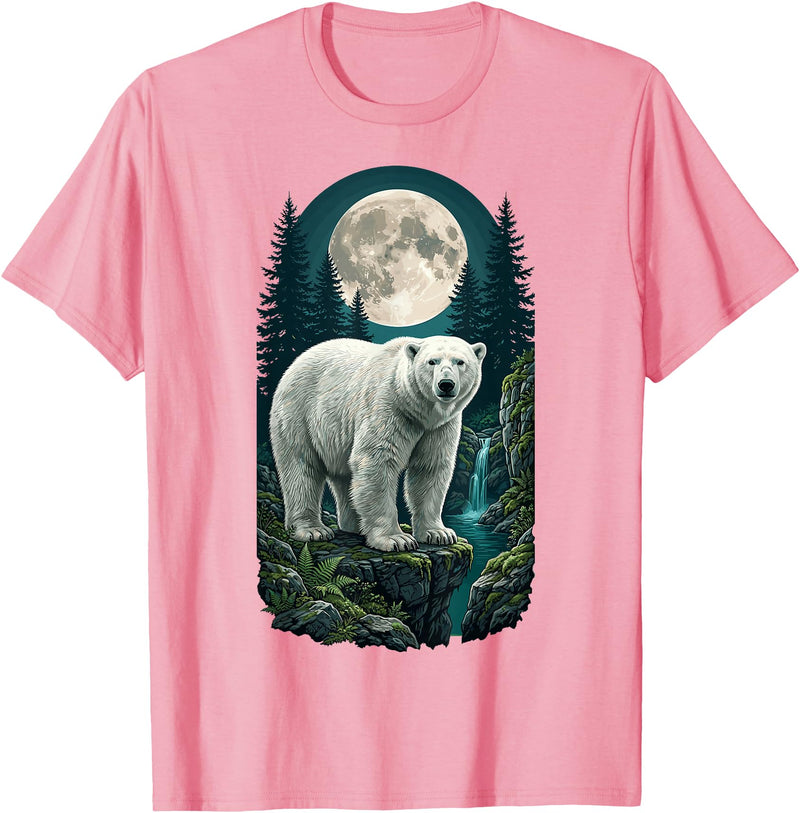 Polar Wilderness Fan Wildlife Lover Polar Bear Full Moon Night Forest Wildlife Nature Lover T-Shirt - Pink