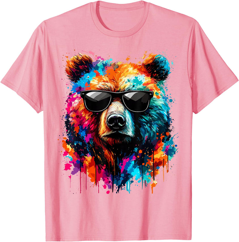 Funny Colorful Bear Lover Wildlife Colourful Bear with Sunglasses T-Shirt - Pink
