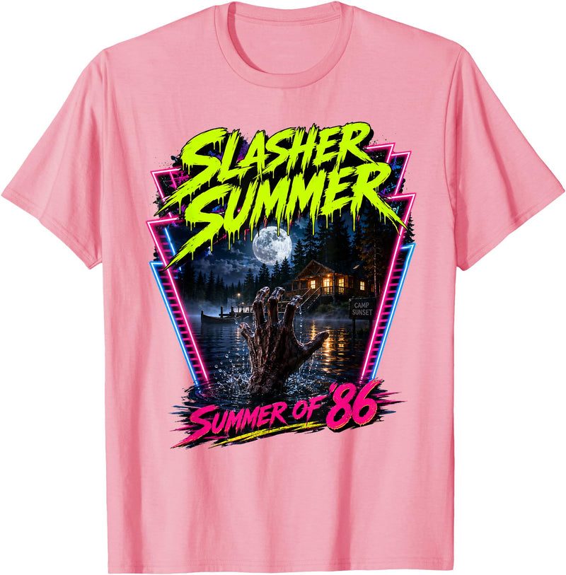 Summerween Slasher Summer Halloween Spooky Tee Vintage Summerween Funny Slasher Summer Halloween 80s Style T-Shirt - Pink