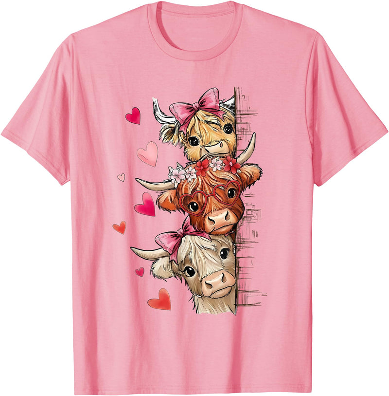 Cute Highland Cow Valentine Cow Lover Cute Highland Cow Trio Hearts Valentine Farm Animal T-Shirt - Pink