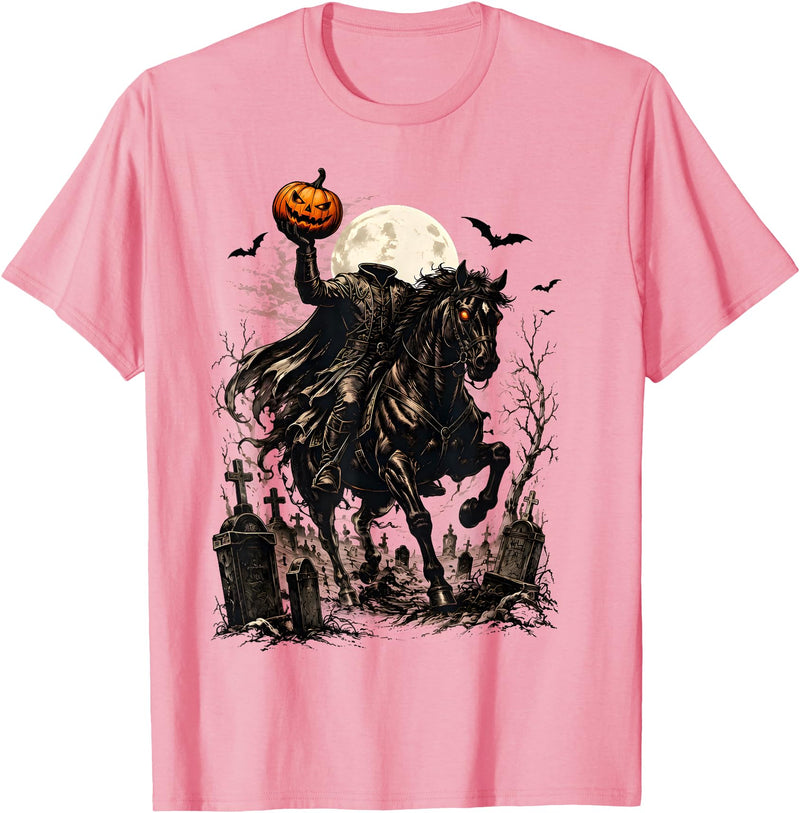 Midnight Horseman Gothic Halloween Vintage Headless Horseman Pumpkin Rider Haunted Halloween T-Shirt - Pink