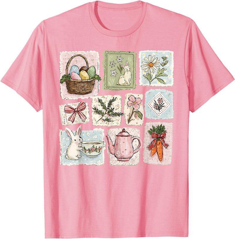 Floral Coquette Spring Easter Bunny Vintage Happy Easter T-Shirt in Pink