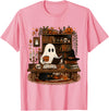 Retro Ghost Reading Funny Halloween Spooky Book Lover T-Shirt - Pink