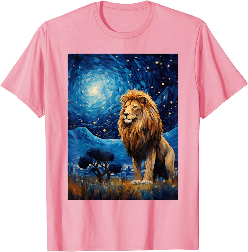 Painting Style Lion Lover Lion Starry Night Van Gogh Style Graphic T-Shirt - Pink