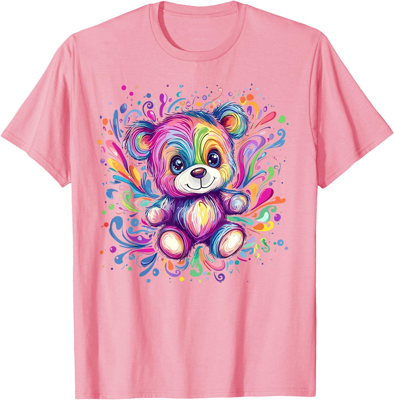 Vibrant Colorful Teddy Bear Illustration Rainbow Splash Teddy Bear T-Shirt - Pink