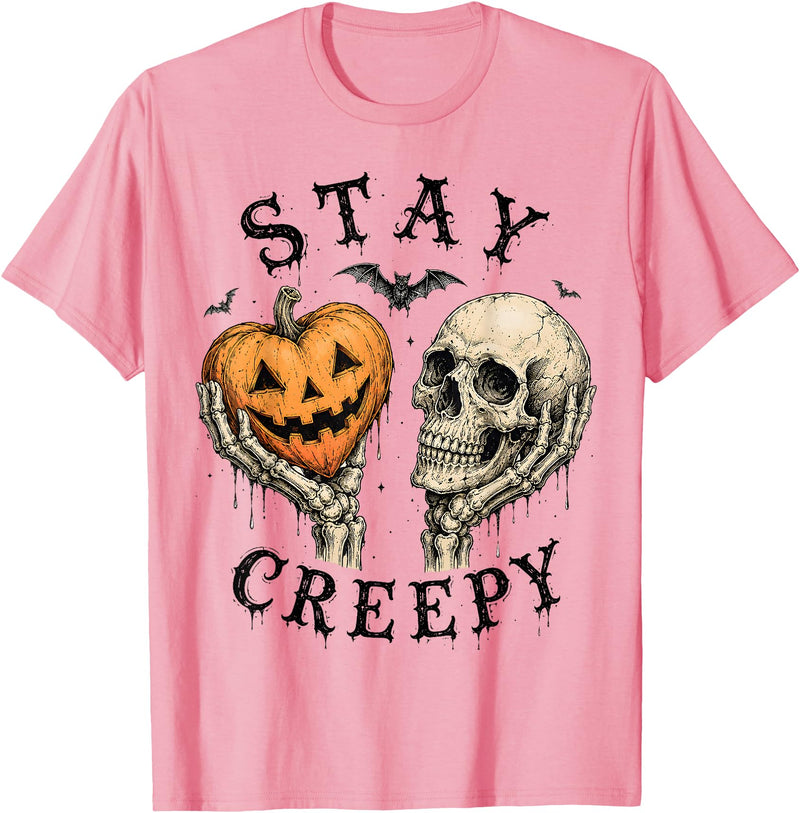 Stay Creepy Skeleton Pumpkin Halloween Horror Stay Creepy Pumpkin Skull Gothic Halloween Skeleton Humor T-Shirt - Pink