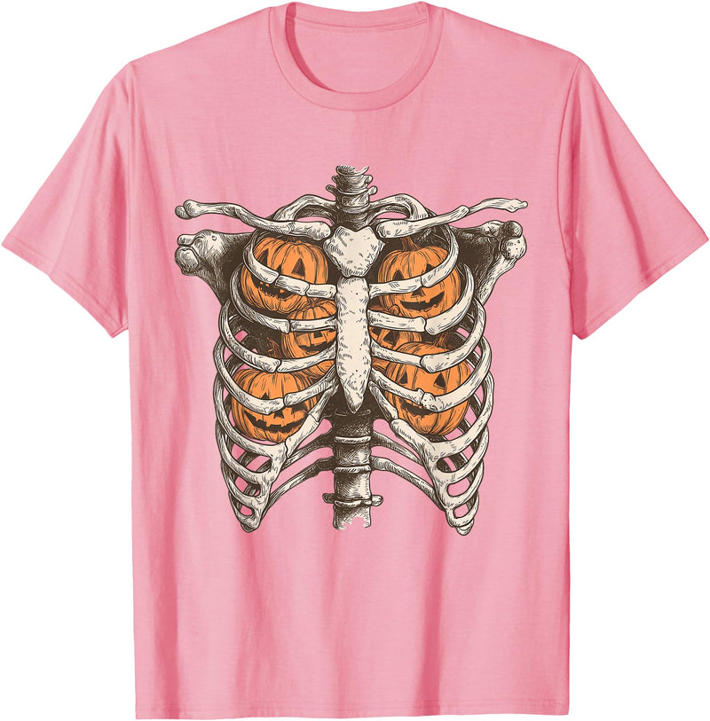 Ribcage Pumpkin Spooky Halloween Women Men Kids Retro Vintage 90s Ribcage Pumpkin Face Horror Halloween T-Shirt - Pink