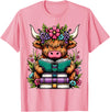 Funny Highland Cow Lover Highland Cow Book Floral Bookworm T-Shirt - Pink