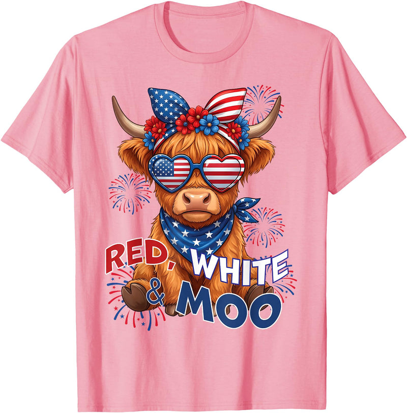 Red White Moo Patriotic Highland Cow 4th July Red White and Moo Highland Cow 4th July 250 Years Patriotic T-Shirt - Pink
