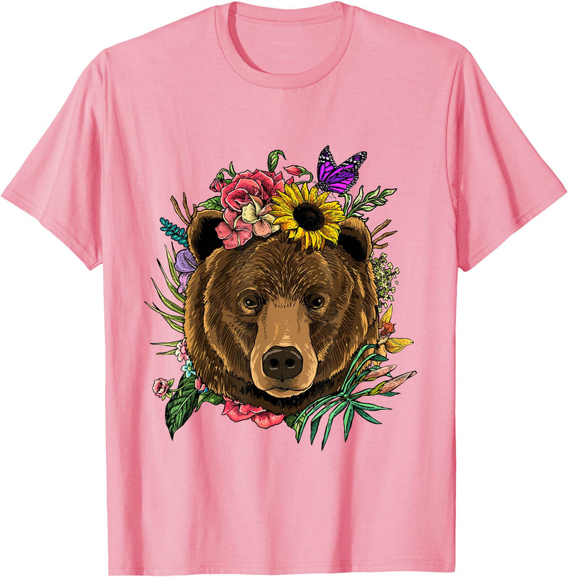 Wowsome! Bear Shirt Nature Floral Grizzly Bear Face Animal Bear Lover T-Shirt - Pink