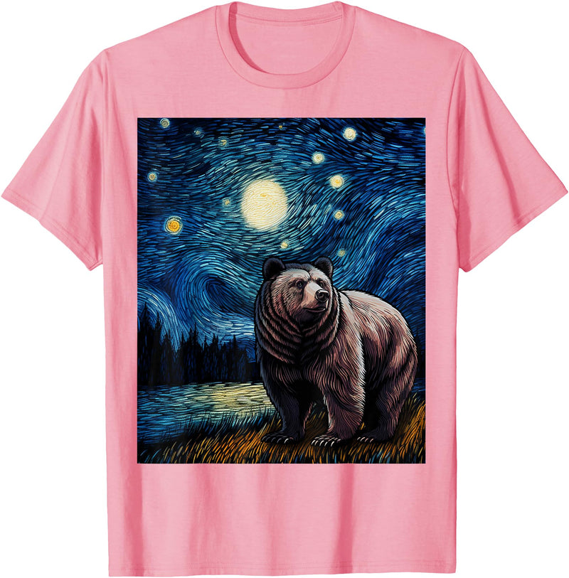 Starry Night Wildlife Graphic Grizzly Bear Van Gogh Starry Night Grizzlies Animal T-Shirt - Pink