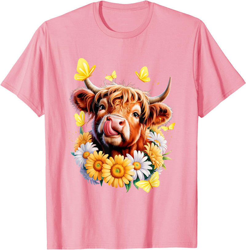 Highland Cow Sunflower Daisies Butterflies Western Animal T-Shirt - Pink