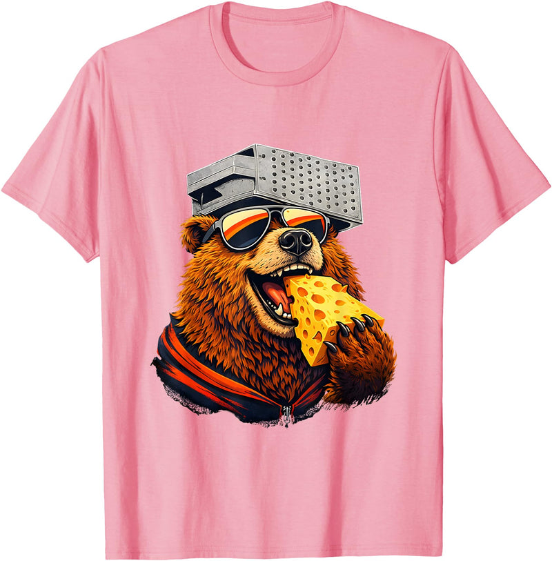 Retro Bear with Cheese for Boys Funny Animal humor Retro Bear Eating Cheese with a Grater Hat T-Shirt - Pink
