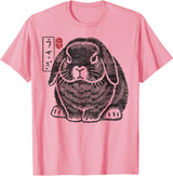 Funny Grumpy Holland Lop Rabbit Japanese Kanji for Men and T-Shirt in Pink
