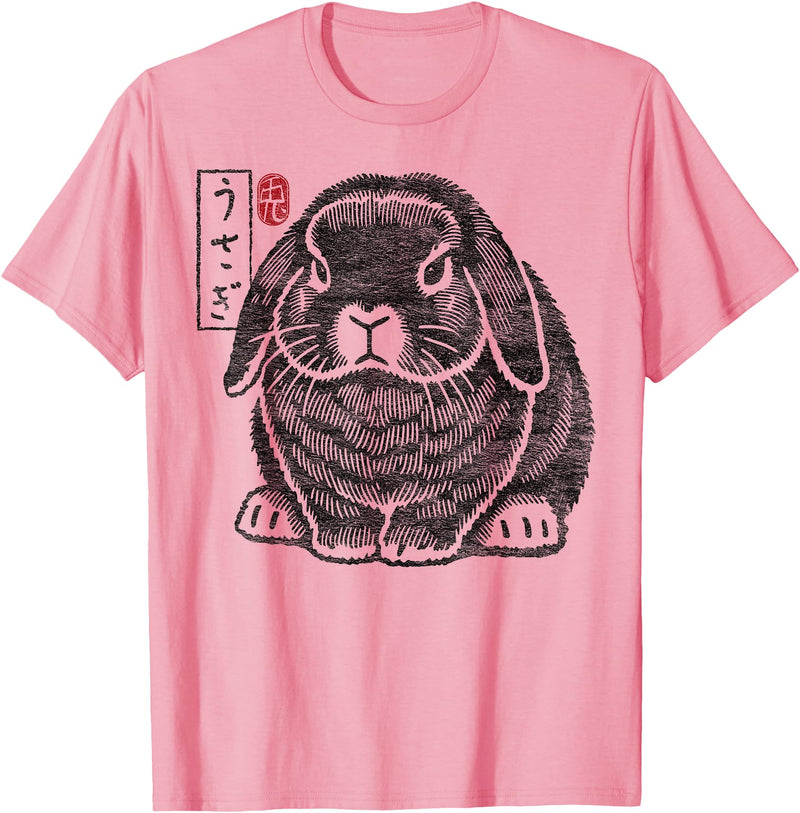Funny Grumpy Holland Lop Rabbit Japanese Kanji for Men and T-Shirt in Pink