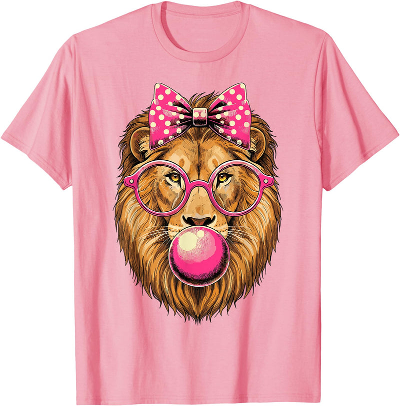 Magical and Funny Lion Gifts Lion with Bubble Gum and Pink Bow T-Shirt - Pink