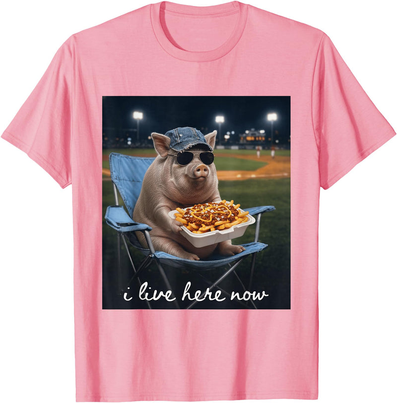Funny Men Women Pig Baseball Outfit Funny Pig Baseball I Live Here Now T-Shirt - Pink