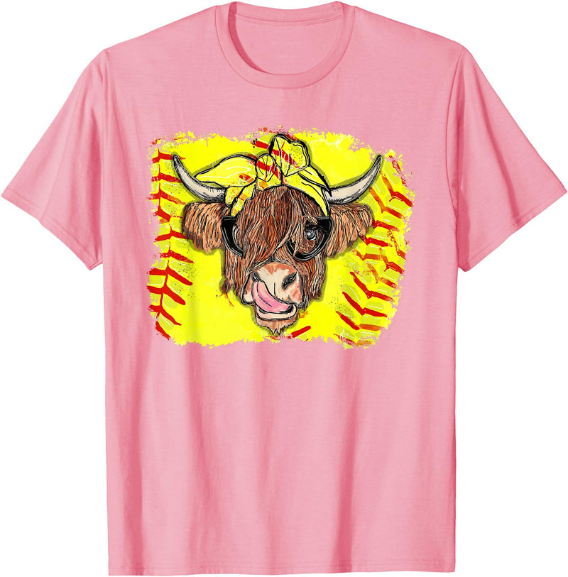 Softball Highland Cow With Bandana Glasses Happy Mother's T-Shirt - Pink