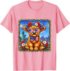4th of July Apparel 4th of July Cow Patriotic Heart Glasses USA Floral Leopard T-Shirt - Pink