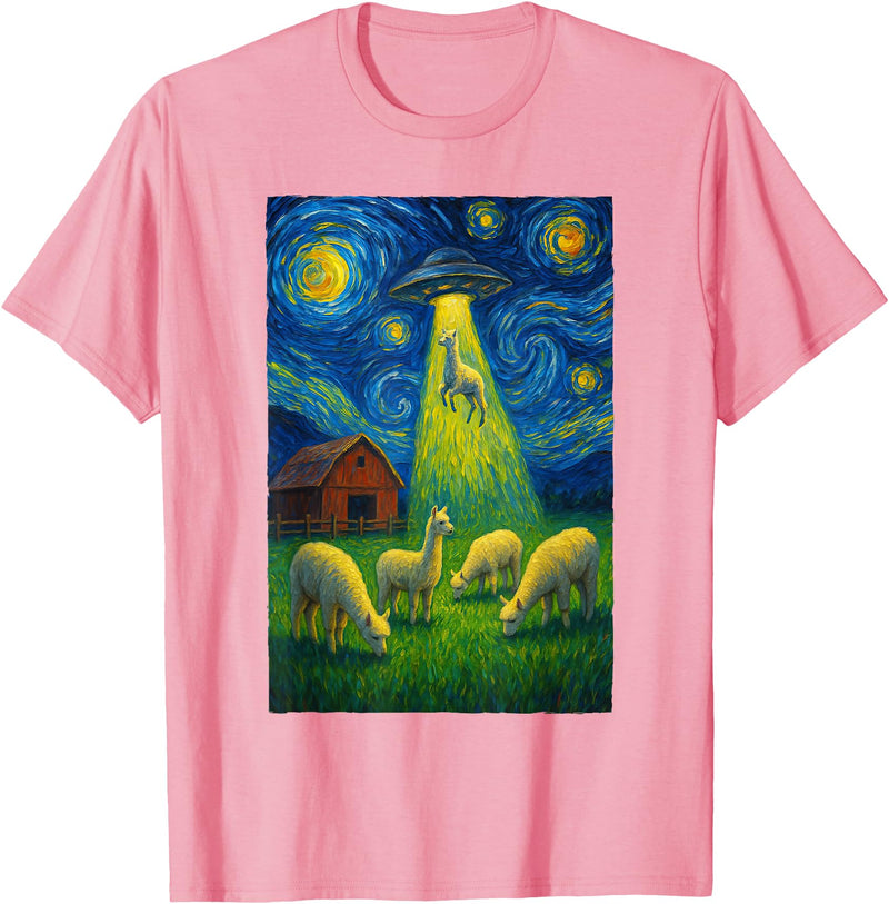 Farming UFO Llama Starry Night Painting Design Llama Alien UFO Abduction Starry Night Farmers T-Shirt - Pink