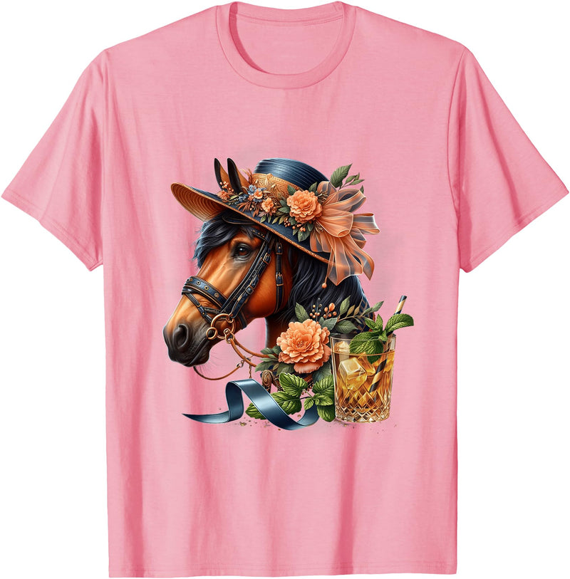 Horse Derby Party Mint Julep Cocktail Floral Hat Racing T-Shirt - Pink