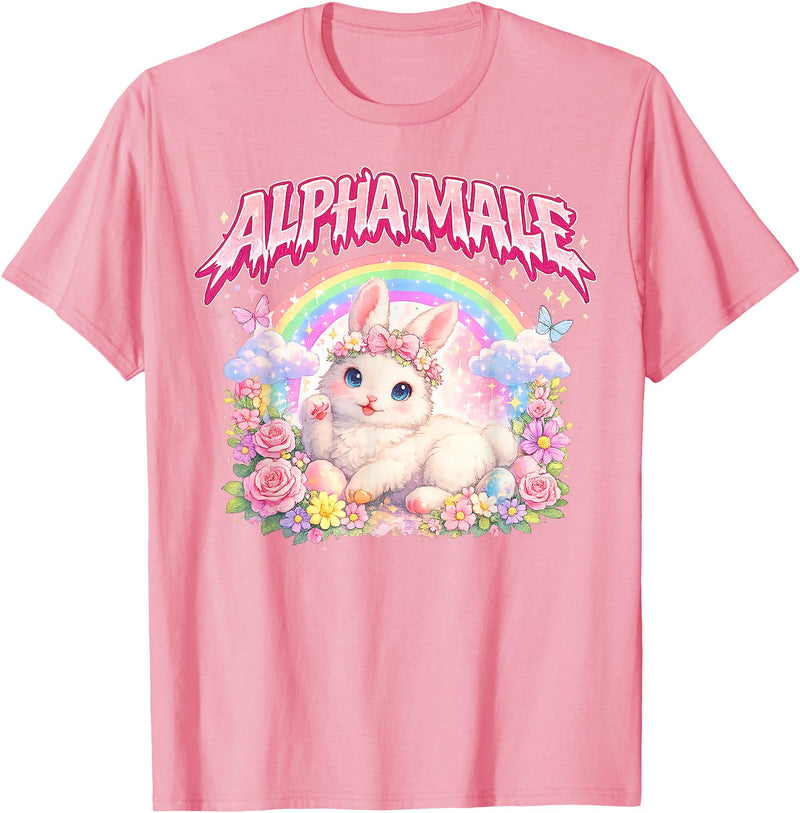 Cute Bunny Rainbow Floral Funny Gifts for Men Women Kid T-Shirt in Pink