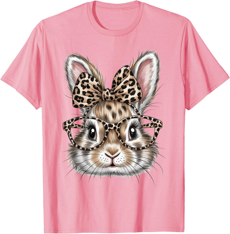 Bunny Face Glasses Bandana Leopard Rabbit Happy Easter T-Shirt in Pink