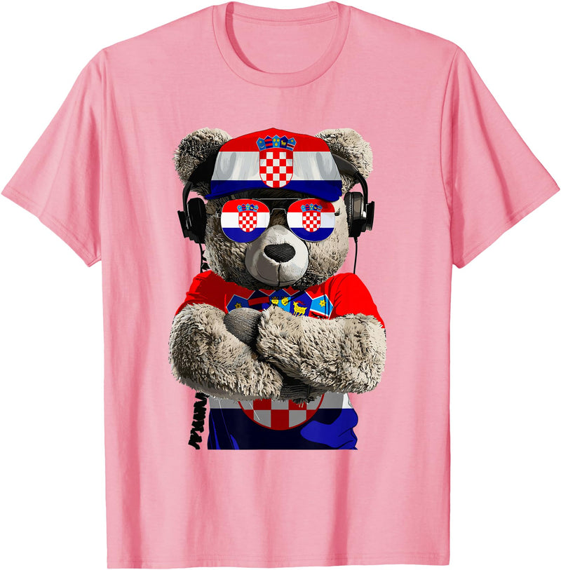 Croatia Flag Clothes Clothing for Men & Women Croatian Flag Bear Sunglasses Souvenirs Products Croatia T-Shirt - Pink