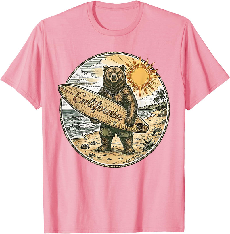 Retro Coastal Surf Bear Vintage Beach Apparel Vintage California Surf Bear Beach Retro Coastal Summer T-Shirt - Pink