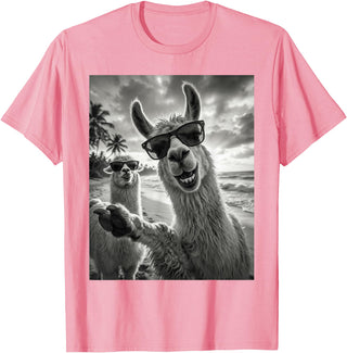 Funny Llama Stuff Accessories & Gifts Cool Llama Selfie At The Beach, Cute Llamas Alpaca T-Shirt - Pink