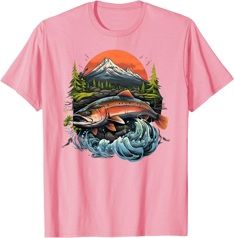 Fishing Graphic Salmon Outdoors Fish T-Shirt - Pink