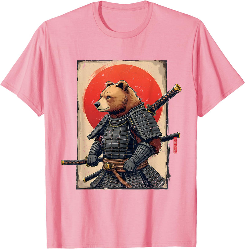 Japanese Samurai Bear Woodblock Art Samurai Brown Bear Ukiyo-e Ink Warrior Art Japanese Bear Art T-Shirt - Pink