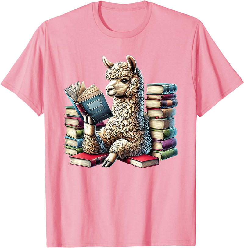 Llama Book Lover Llama Reading Book Reader Bookworm Alpaca Lover T-Shirt - Pink