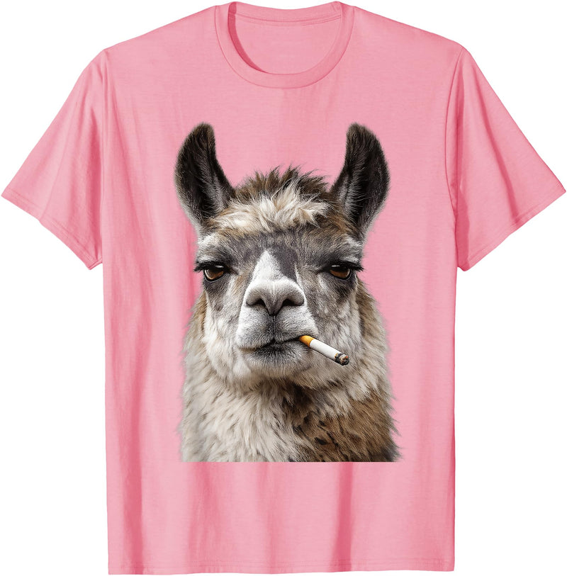FunWearVM Funny Smoking Llama Cool Animal Lover with Attitude T-Shirt - Pink