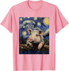Cute Pigs Designs. Cute Pig Funny Van Gogh Style Starry Night Graphic T-Shirt - Pink