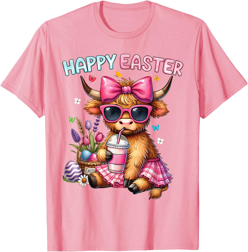 Farm Animal Highland Cow easter Gifts Happy Easter Day Highland Cow Cute Holiday Bunny Women Kids T-Shirt - Pink