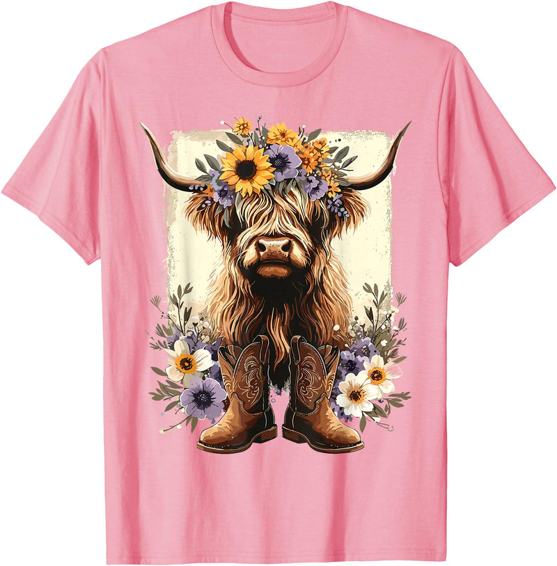 Funny Highland Cow lover Floral Highland Cow Cowboy Boots Western Country T-Shirt - Pink