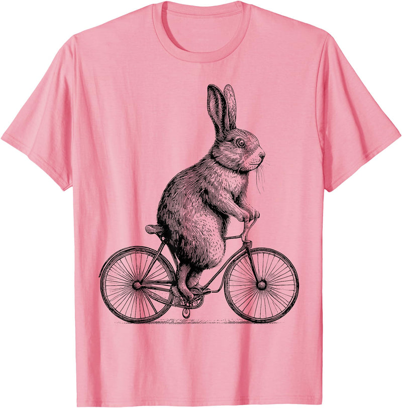 Rabbit on a Bike Bunny Bicycle Cycing Biking Men Women Kids T-Shirt in Pink