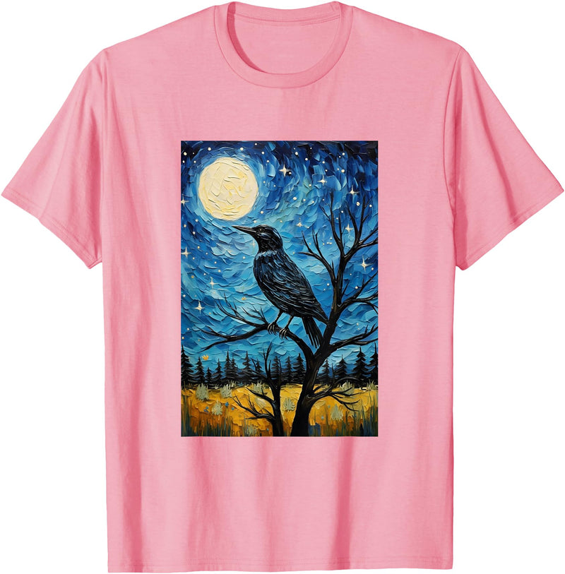 Bird Designs. Magpie Crow Raven Bird Van Gogh Style Starry Night Graphic T-Shirt - Pink